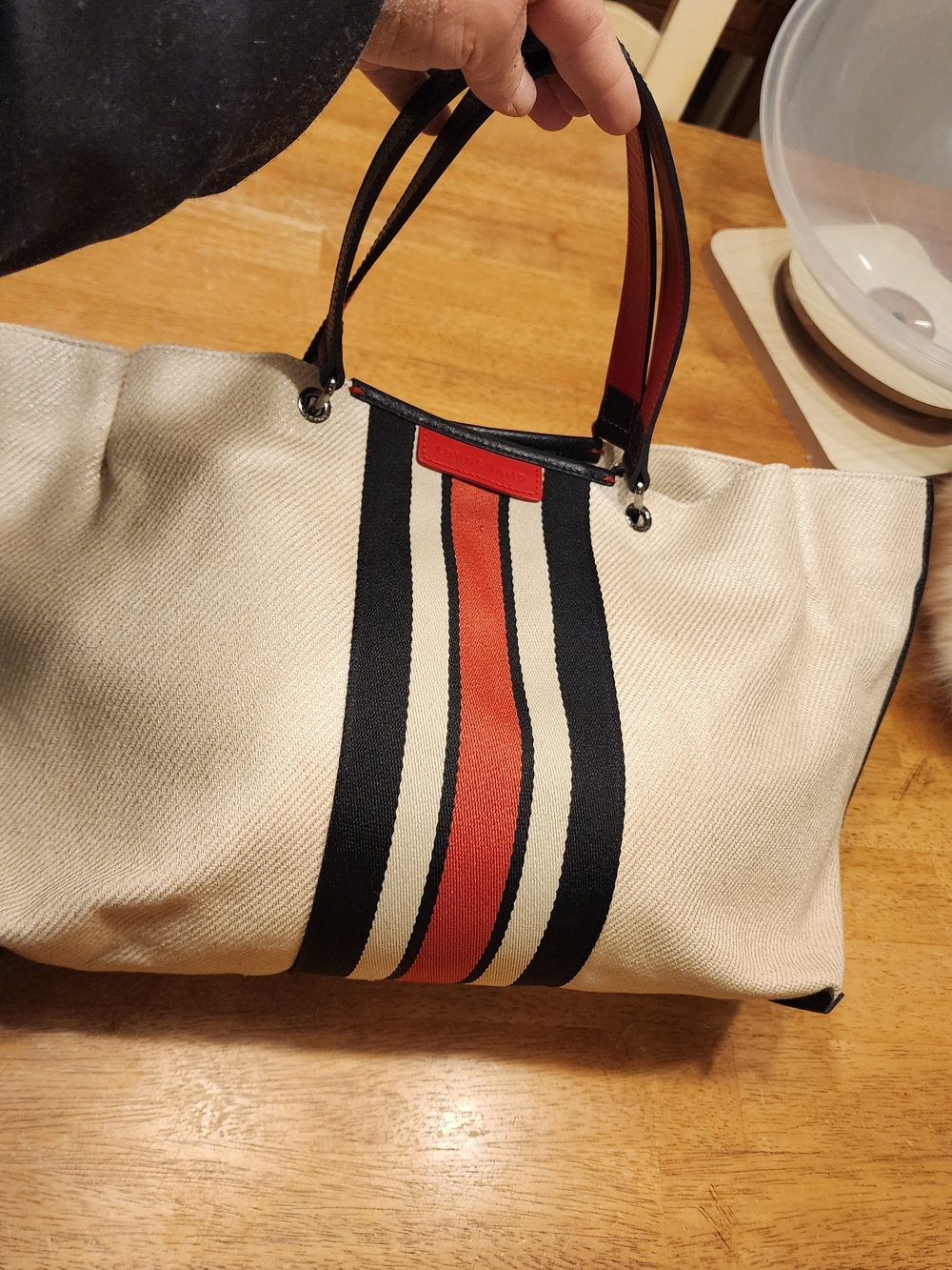 Longchamp Beige Canvas Tote with Black and Red Stripe - Picture 5 of 14